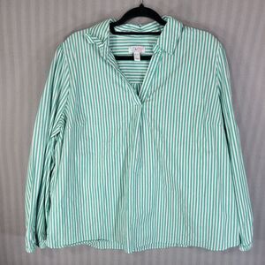 d & co womens popover top size XL green stripe cotton stretch balloon sleeve